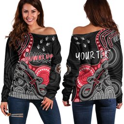 Personalised NAIDOC Week AFL Bombers Off Shoulder Sweater Aboriginal Dot Art Lizard Mix Boomerang