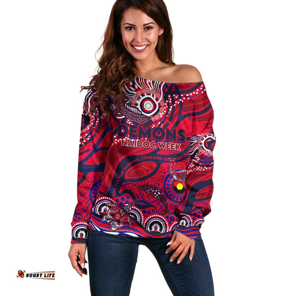 Custom NAIDOC Week 2024 Demons Off Shoulder Sweater Aboriginal Animals Keep The Fire Burning