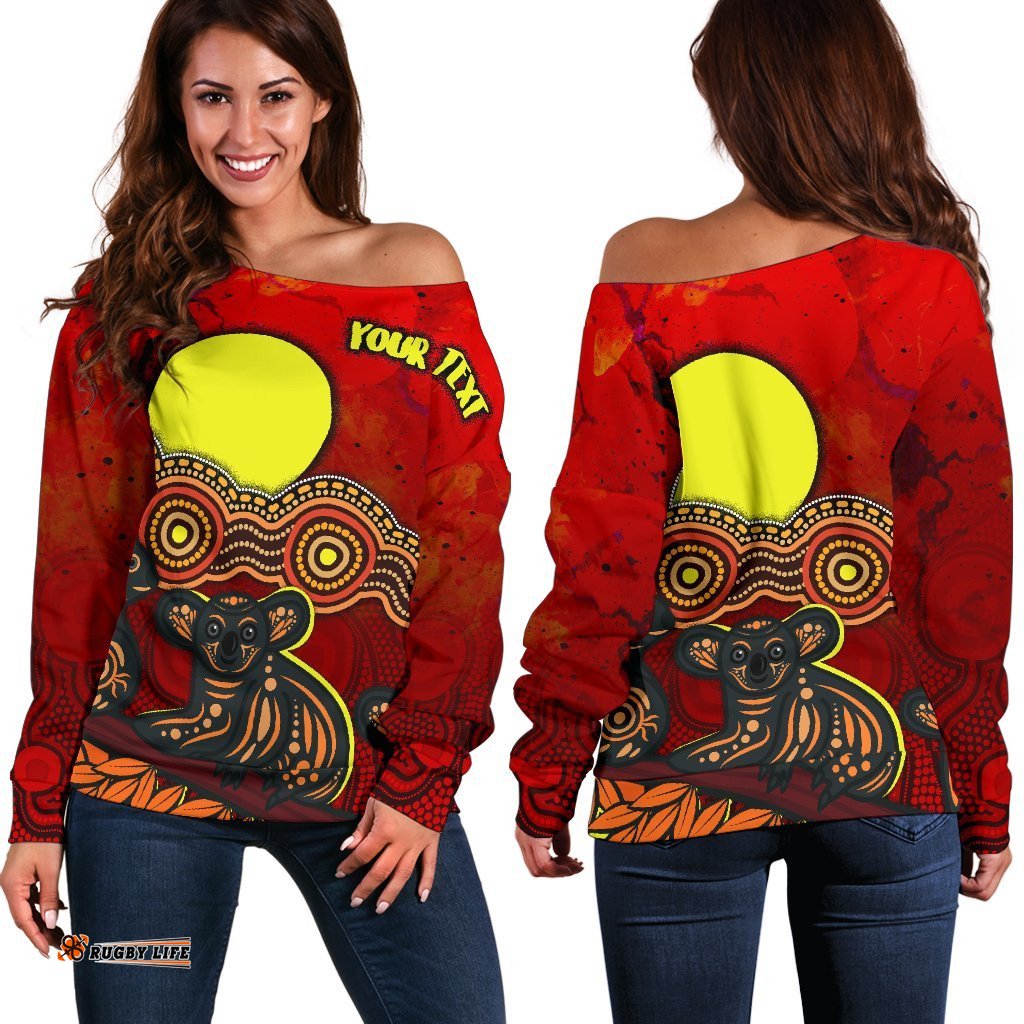 Custom Text Aboriginal Off Shoulder Sweater Australian Indigenous Koala