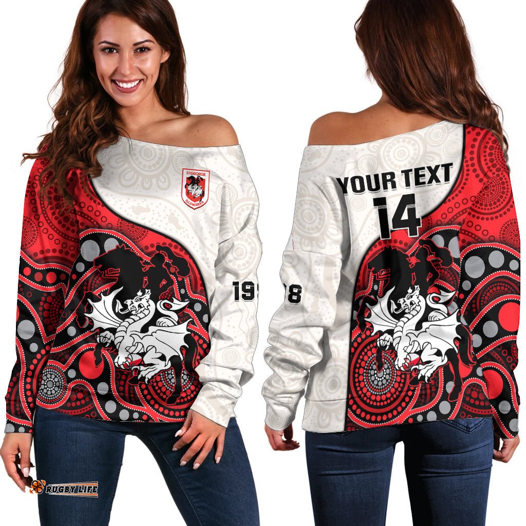 Custom Text And Number Dragons Rugby Off Shoulder Sweater St George Illawarra 1998 Indigenous Art 08