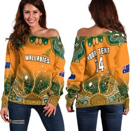 Custom Text And Number Australia Rugby Off Shoulder Sweater Wallabies Kangaroo Orange Aboriginal