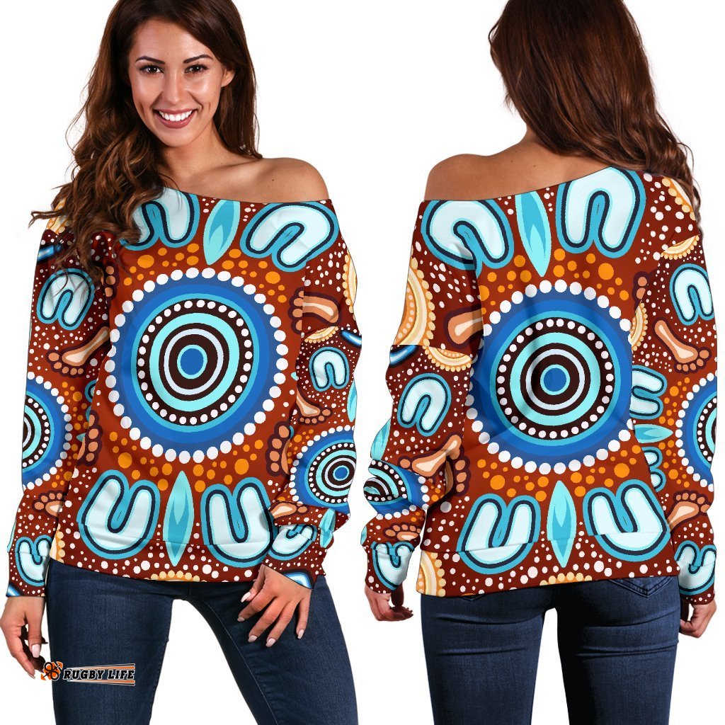 Aboriginal Women's Off Shoulder Sweater Indigenous Circle Dot Painting Ver02
