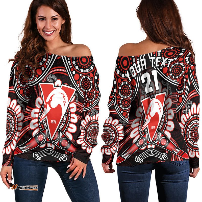 Custom Personalised Swans Football Women Off Shoulder Sweater Boomerang Indigenous Dots