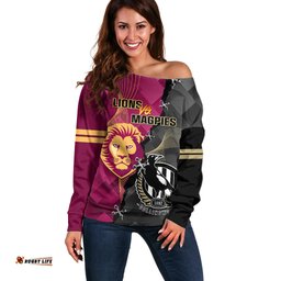 Personalised Collingwood And Lions Football Off Shoulder Sweater Grand Final Magpies Brisbane Together