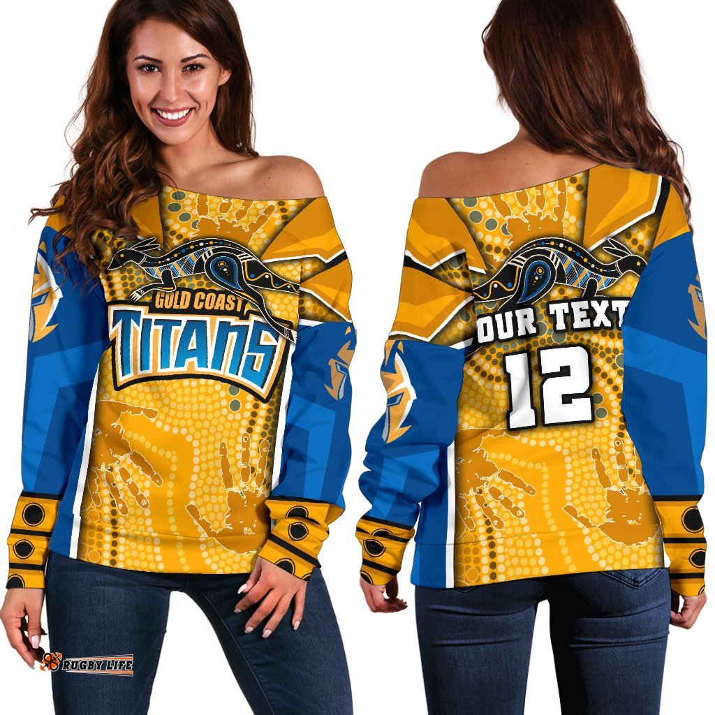 Custom Personalised Titans Women's Off Shoulder Sweater Gold Coast Aboriginal Armor Version