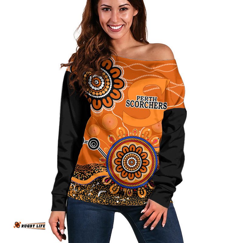 Custom Personalised Perth Scorchers Women Off Shoulder Sweater Cricket Indigenous Aboriginal