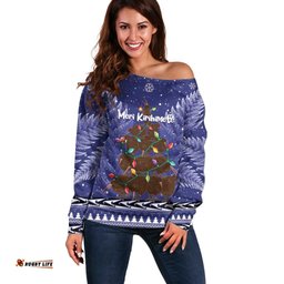 Kiwi New Zealand Christmas Off Shoulder Sweater Meri Kirihimete Silver Fern Blue Color