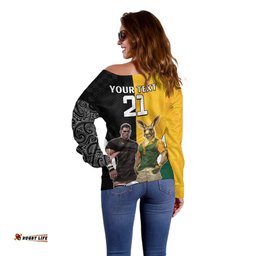 Custom New Zealand and Australia Rugby Off Shoulder Sweater Kangroo and Maori Warrior Together