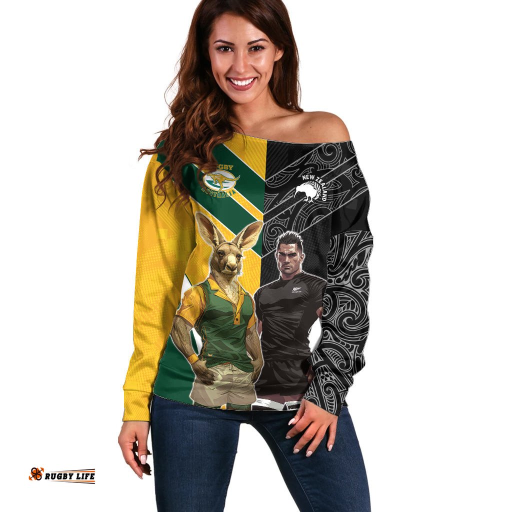 Custom New Zealand and Australia Rugby Off Shoulder Sweater Kangroo and Maori Warrior Together