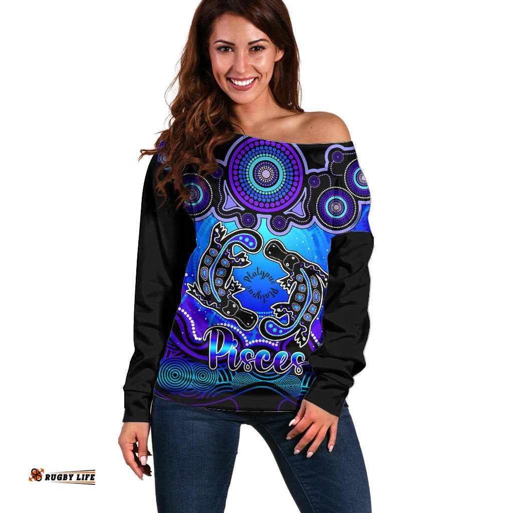 Personalised Australia Pisces Platypus Zodiac Off Shoulder Sweater Auz Astrology Aboriginal Blue