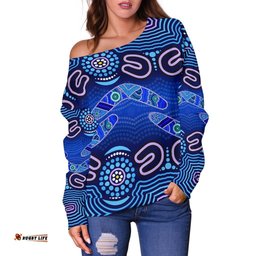 ABoriginal Women's Off Shoulder Sweater Boomerangs And Dot Painting Art Ver02