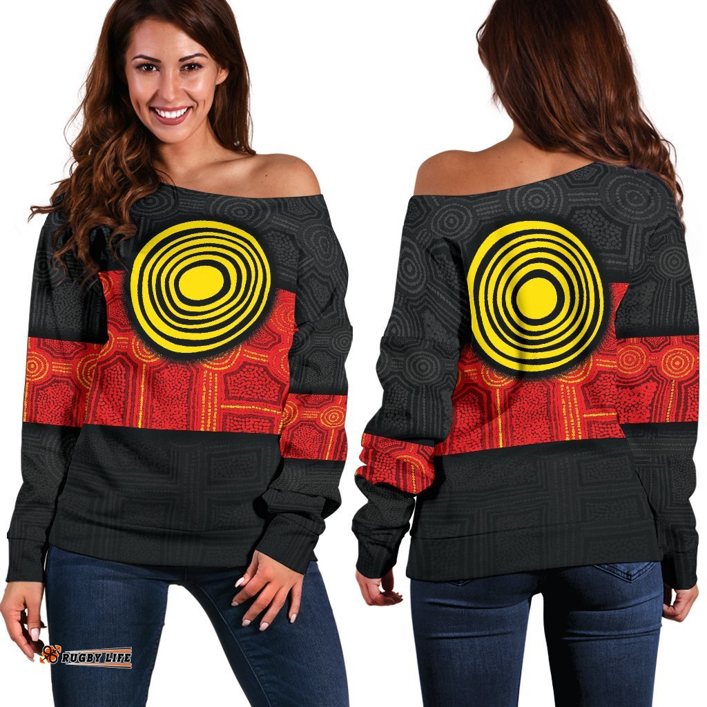 Aboriginal Women's Off shoulder Sweater Aussie Indigenous Flag