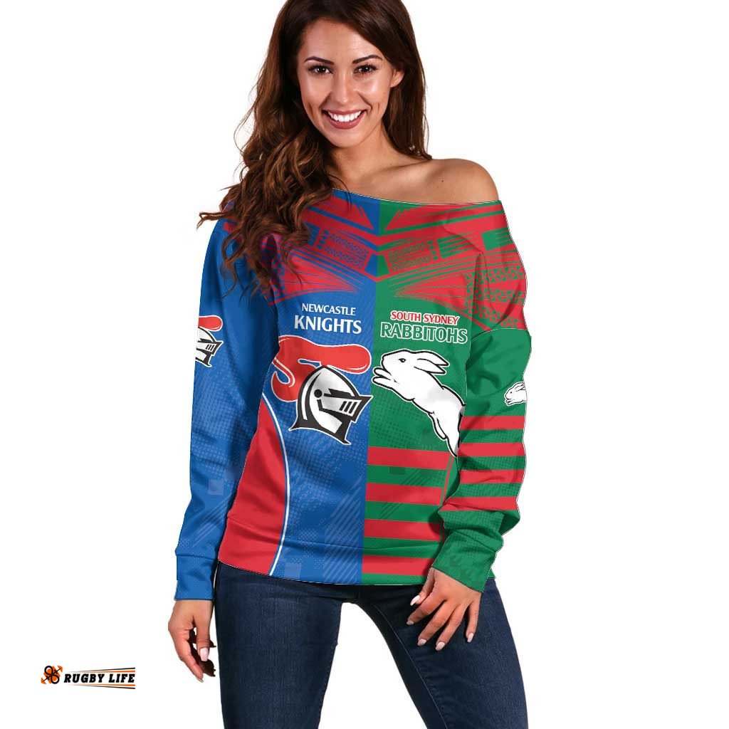 Custom Knights and Rabbitohs Rugby Off Shoulder Sweater Sporty Style
