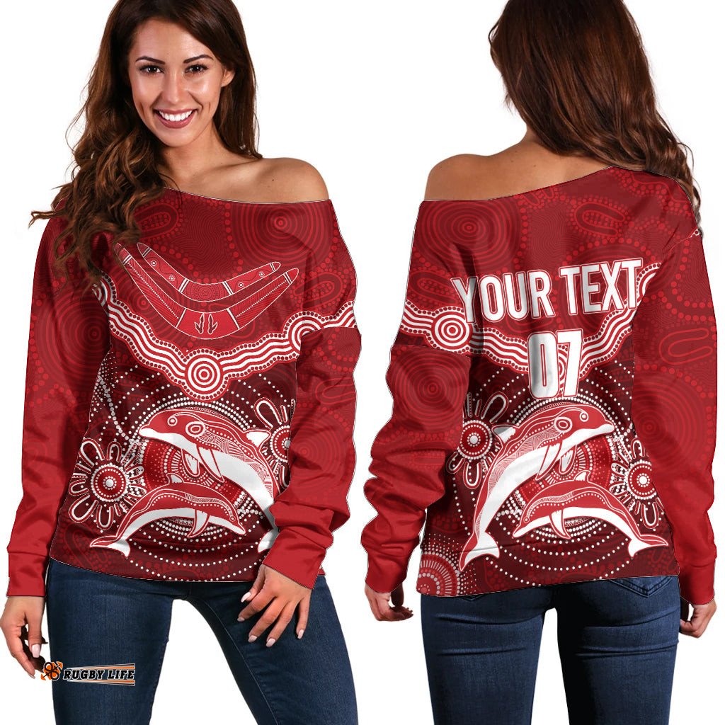 Personalised Dolphins Rugby Off Shoulder Sweater Aboriginal Boomerang Artsy Style