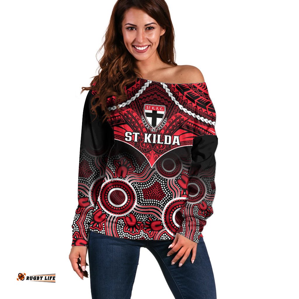 Personalised St Kilda Football Off Shoulder Sweater Saints Aboriginal Mix Polynesian Pattern