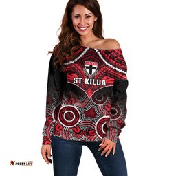 Personalised St Kilda Football Off Shoulder Sweater Saints Aboriginal Mix Polynesian Pattern
