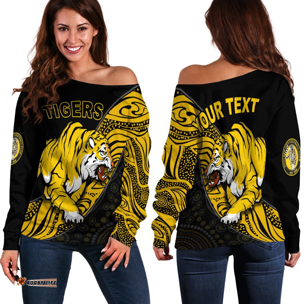 Custom Personalised Boulder City Football Club Off Shoulder Sweater Goldfields Football Indigenous Tigers