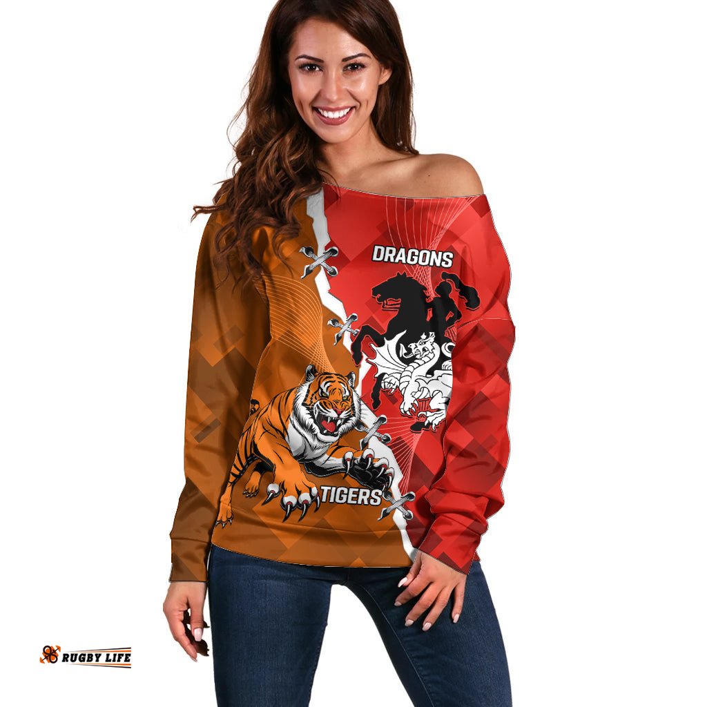 Personalised Dragons And Tigers Rugby Off Shoulder Sweater Sporty Style