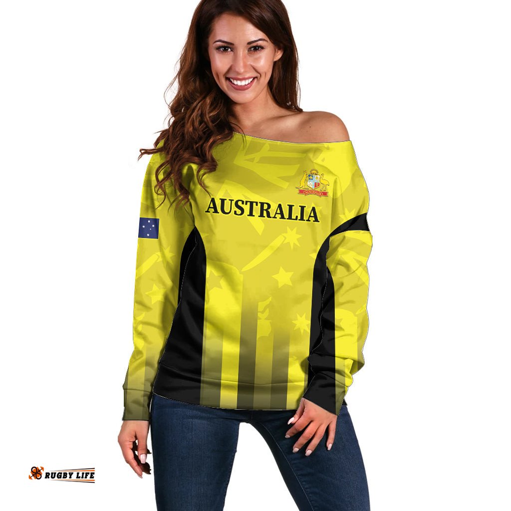 Custom Australia Cricket Off Shoulder Sweater 2024 World Cup Go Aussie Gold Version