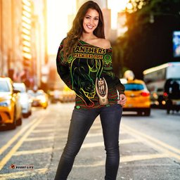 Custom Personalised Penrith Panthers Rugby Women Off Shoulder Sweater Black Crouching Panther Premiers 2022