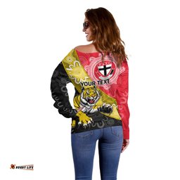 Personalised Richmond And St Kilda Football Off Shoulder Sweater Tigers Saints Together Aboriginal Art