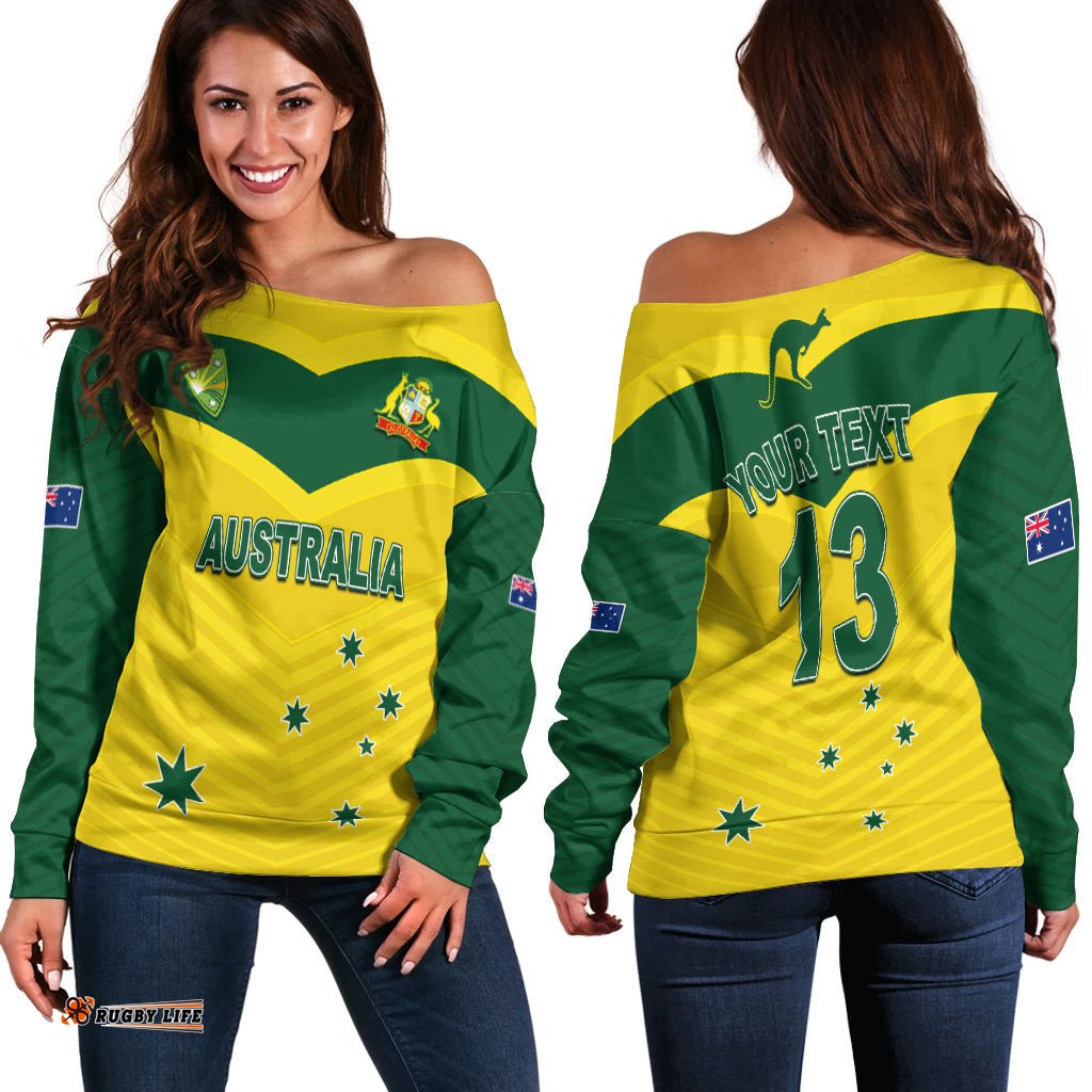 Custom Text and Number Australia Cricket Off Shoulder Sweater Go Aussie Champions
