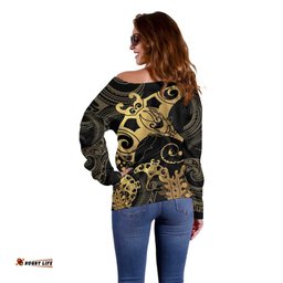 Black And Gold Aotearoa Whai Off Shoulder Sweater NZ Stingrays Maori Curves Style