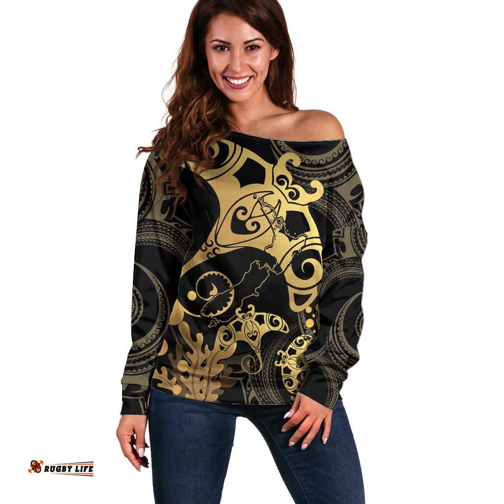 Black And Gold Aotearoa Whai Off Shoulder Sweater NZ Stingrays Maori Curves Style