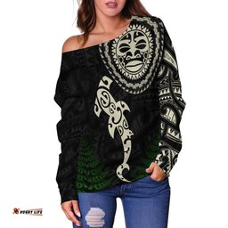 Aotearoa Fern Off Shoulder Sweater Maori Manaia and Fish