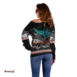Personalised New Zealand Waka Off Shoulder Sweater Aotearoa Maori Silver Fern Pattern