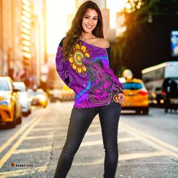 Custom Text and Number Australia Lizard and Sun Off Shoulder Sweater Aboriginal Art Purple