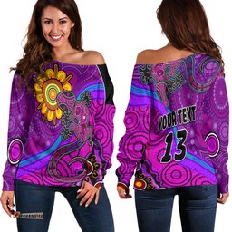 Custom Text and Number Australia Lizard and Sun Off Shoulder Sweater Aboriginal Art Purple