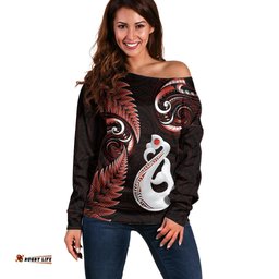 Personalised New Zealand Off Shoulder Sweater Aotearoa Silver Fern With Manaia Maori Unique Red