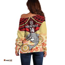 Personalised Dolphins Rugby Off Shoulder Sweater Aboriginal Mix Polynesian Pattern