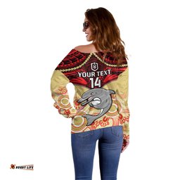 Personalised Dolphins Rugby Off Shoulder Sweater Aboriginal Mix Polynesian Pattern