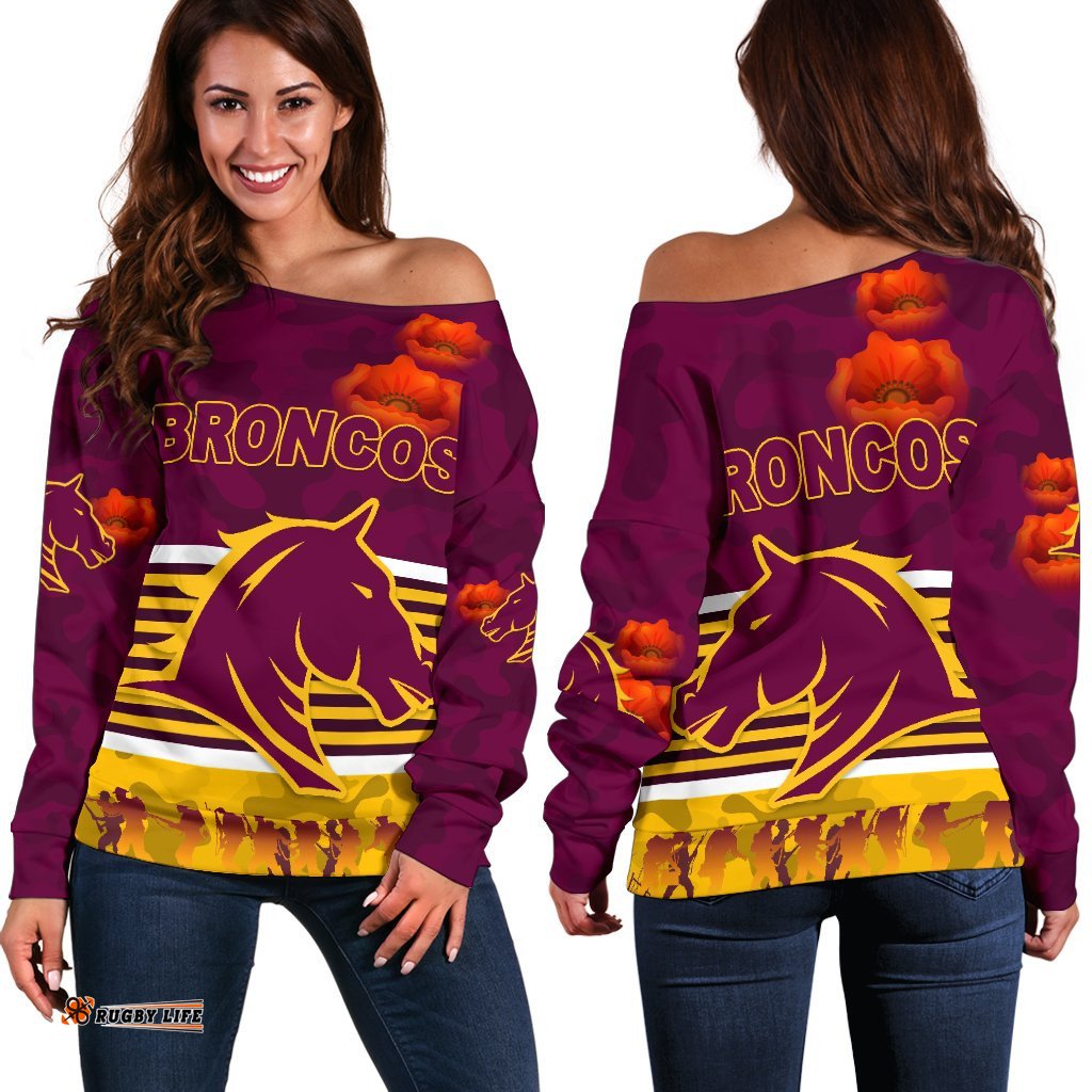Brisbane Broncos Women's Off Shoulder Sweater Anzac Day Simple Style Maroon
