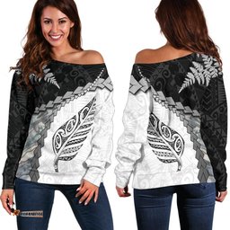 Paua Shell Maori Silver Fern Off Shoulder Sweater White
