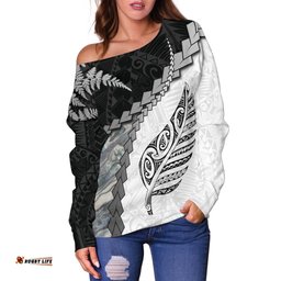 Paua Shell Maori Silver Fern Off Shoulder Sweater White