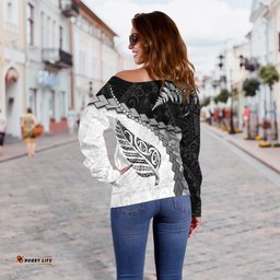 Paua Shell Maori Silver Fern Off Shoulder Sweater White