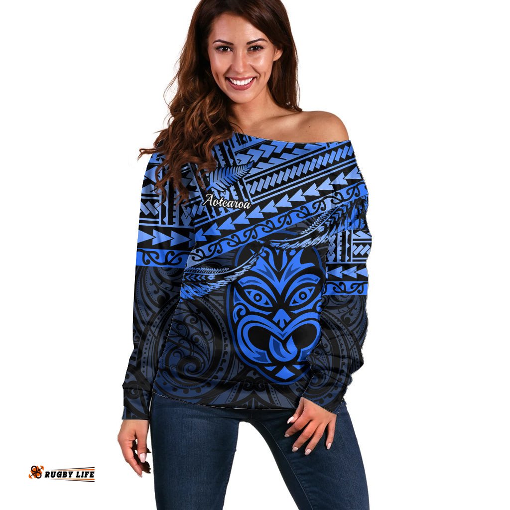 Personalised Matariki New Zealand Off Shoulder Sweater Maori New Year Tiki Blue Version