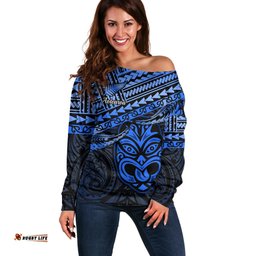 Personalised Matariki New Zealand Off Shoulder Sweater Maori New Year Tiki Blue Version