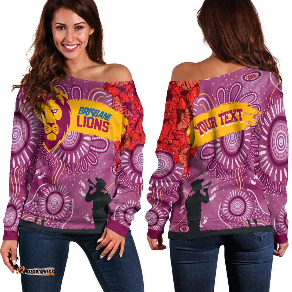 Custom Personalised Brisbane Lions Indigenous Anzac Day Off Shoulder Sweater We Will Remember