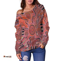 Aboriginal Women's Off Shoulder Sweater Indigenous Footprint Landscape