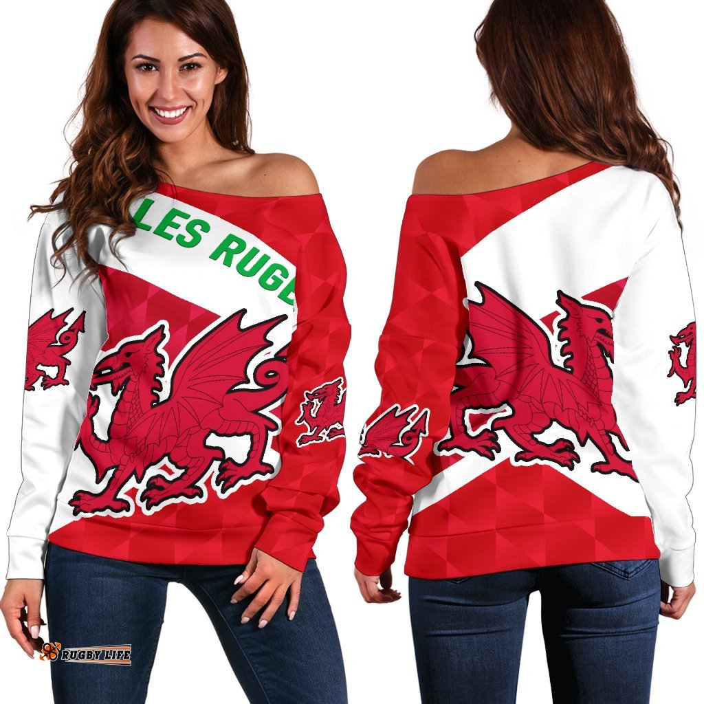 Wales Rugby Women Off Shoulder Sweater Sporty Style