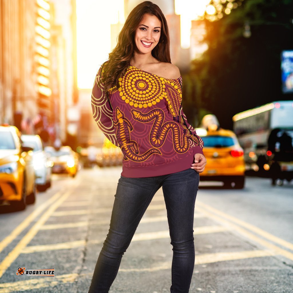 Aboriginal Women's Off Shoulder Sweater Aboriginal Snake And Alligator