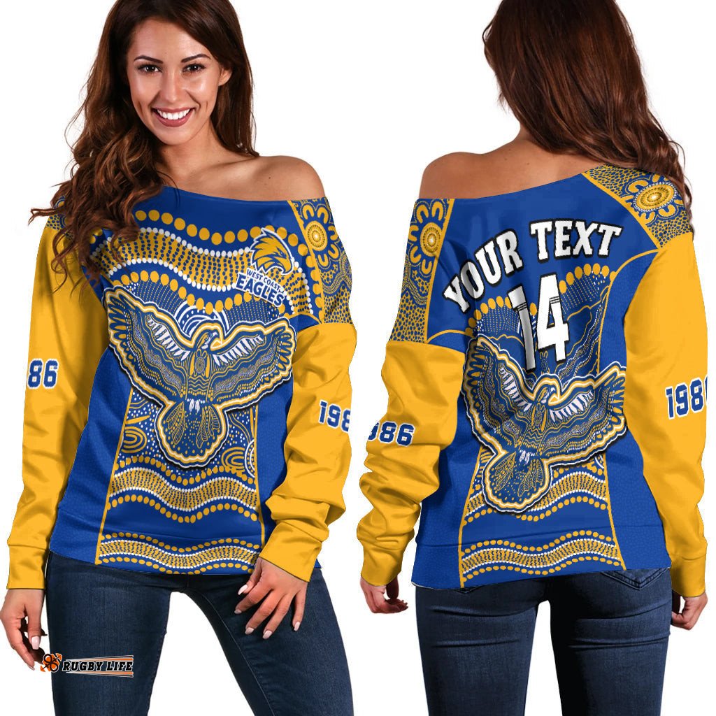 Custom Text And Number Eagles Football Off Shoulder Sweater West Coast 1986 Aboriginal Sporty Style