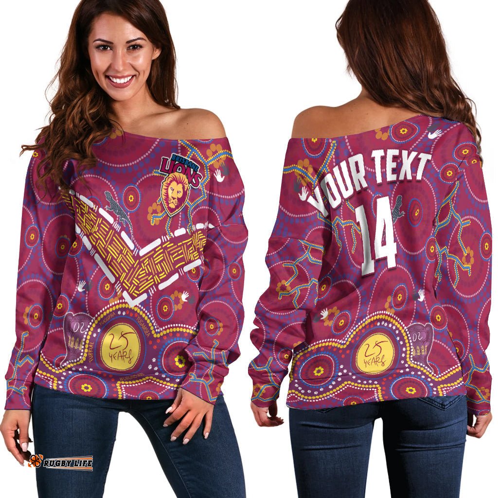 Custom Text And Number Brisbane Football Off Shoulder Sweater Indigenous Pattern Go Lions Unique Version