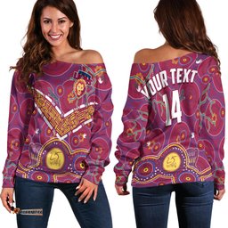 Custom Text And Number Brisbane Football Off Shoulder Sweater Indigenous Pattern Go Lions Unique Version