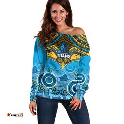 Personalised Titans Rugby Off Shoulder Sweater Aboriginal Mix Polynesian Pattern