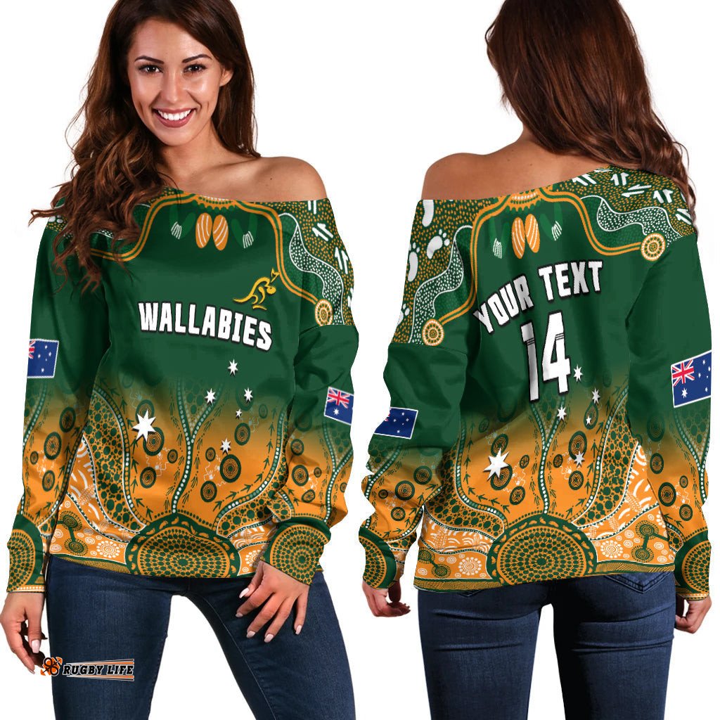 Custom Text And Number Australia Rugby Off Shoulder Sweater Wallabies Kangaroo Green Aboriginal